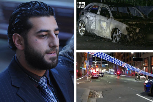 Bilal Hamze and, inset, the crime scene in Sydney’s CBD and a burnt-out car that was found in Northwood, in Sydney’s lower north shore.