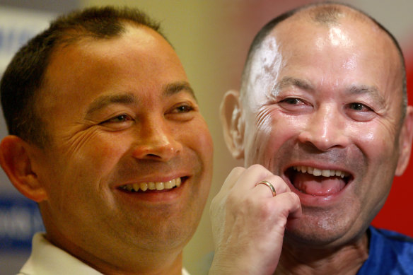 Eddie Jones during the 2003 Rugby World Cup and Eddie Jones at the 2019 Rugby World Cup.