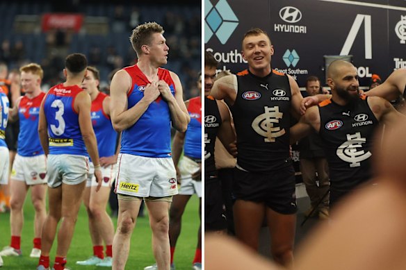 The contrasting emotions of the Demons and Blues after Saturday night’s game.
