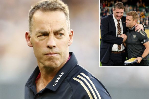 Saturday’s game against Hawthorn looms as a big moment for North Melbourne coach Alastair Clarkson,  given the nature of his exit from the Hawks and events since then. Inset: Hawthorn CEO Justin Reeves and coach Sam Mitchell.