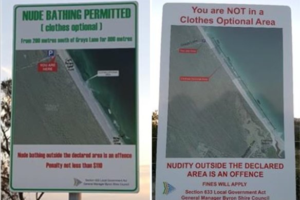 Signs at Tyagarah Beach outline where swimmers can strip down - and where they can’t.
