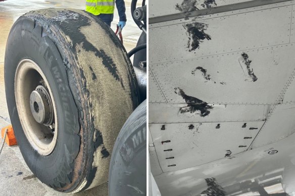 The tread off the tyre and subsequent damage to the wing on the Qantas 787. 