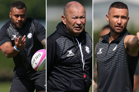 Samu Kerevi, Eddie Jones and Quade Cooper training with the Barbarians in London.