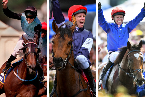Kerrin McEvoy wins the Melbourne Cup on Brew, Almandin and Cross Counter.