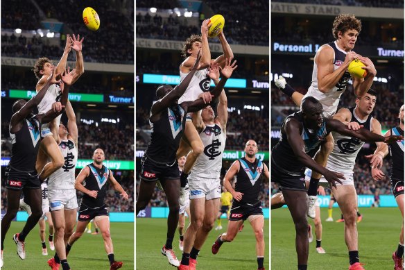 Charlie Curnow almost took a screamer against Port Adelaide but couldn’t hang onto the ball for long enough to be paid a mark.