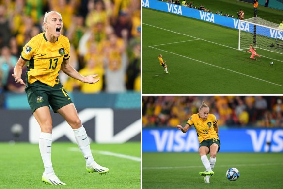 Tameka Yallop makes it 5-5 in the World Cup quarter-final penalty shootout between Australia and France. 