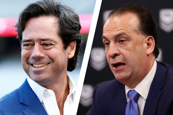 AFL boss Gillon McLachlan and NRL boss Peter V’landys. Their codes will team up with others to support an Indigenous Voice to parliament.