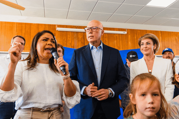 Jacinta Price and Peter Dutton at Mount Pleasant Bowling Club in Perth on Saturday.