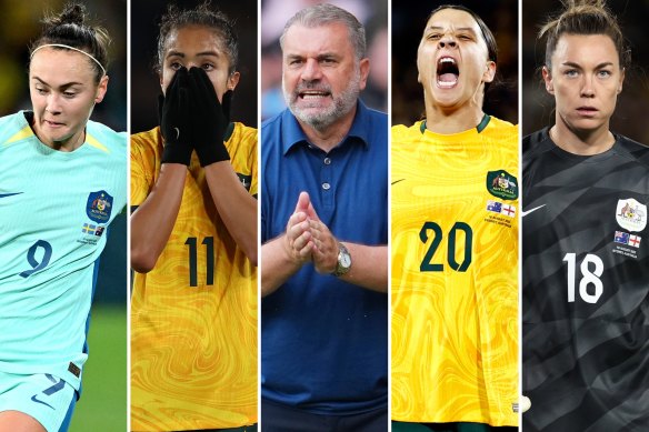 Caitlin Foord, Mary Fowler, Ange Postecoglou, Sam Kerr and Mackenzie Arnold.