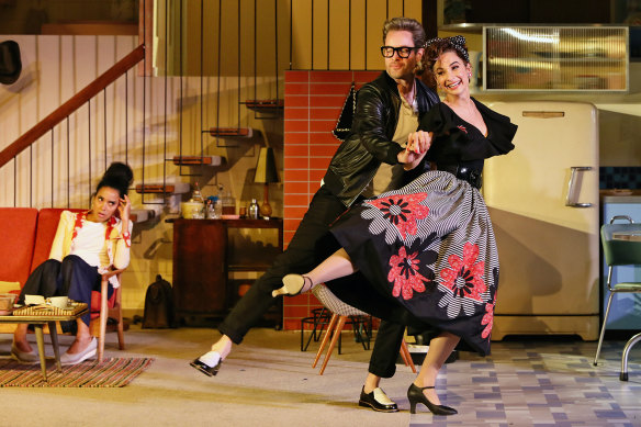 Chantelle Jamieson, Gareth Davies, and Andrea Demetriades in Sydney Theatre Company’s Home, I’m Darling.