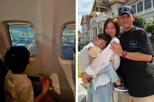 Ko Yoonwoo, three, was pictured on board a plane as he travelled to Thailand with his parents (pictured left) Jin Lee Seon and Kang Ko.