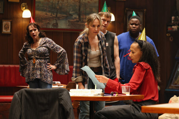 Deborah Galanos, Lisa McCune, James Fraser, Tinashe Mangwana and Paula Arundell in <i>Sweat</i>.