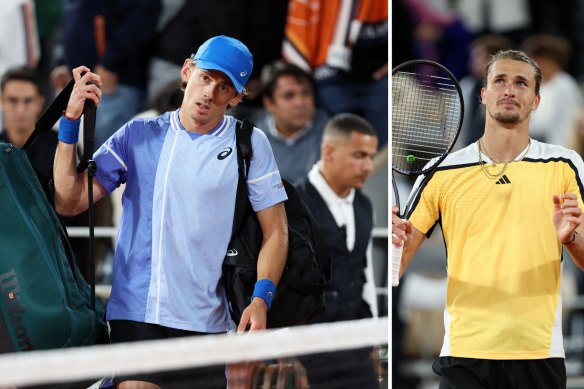 Alex de Minaur departs centre court after losing to Alexander Zverev (right) at Roland-Garros.