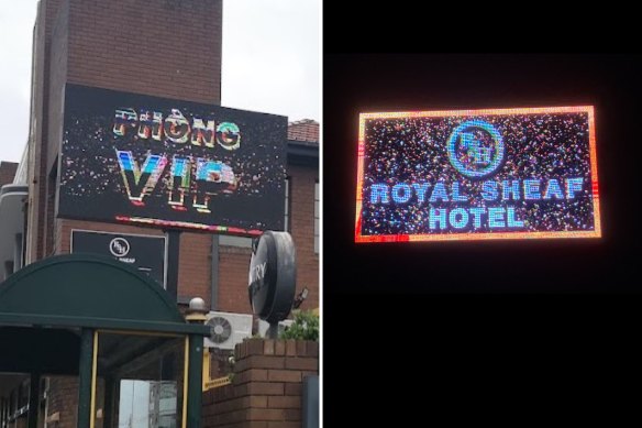 Before and after: The Royal Sheaf Hotel is one of multiple pubs adjusting signage to fit within new legislation but still appeal to poker machine users.