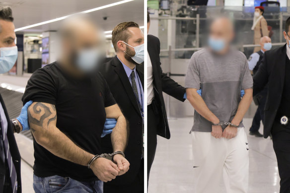Matthew John Battah, 36, and Benjamin Neil Pitt, 38, arriving in Sydney last week after being extradited from Dubai to face drug importation and money laundering charges.