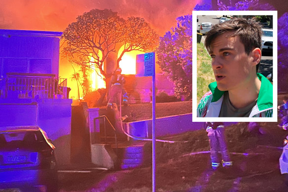 A blaze breaks out at the Bondi house of Jordan Shanks on the night it was firebombed in November 2022.