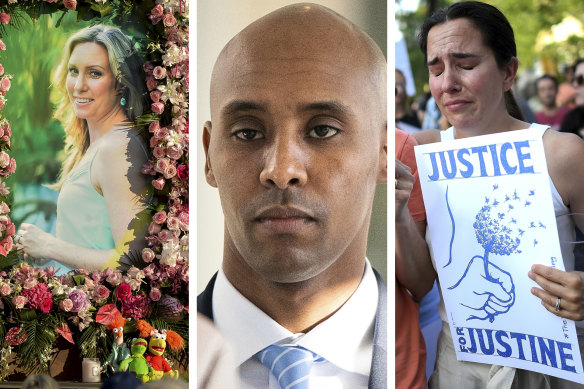 Justine Damond, left, was killed by  Minneapolis police officer Mohamed Noor, centre. 