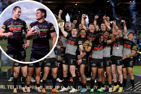 Isaah Yeo, Nathan Cleary and the 2022 premiership-winning Penrith Panthers.