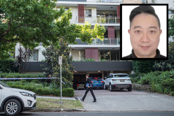 Police establish a crime scene at a unit block at Pymble and, inset, Haoling Luo.