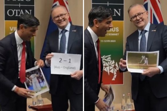 British Prime Minister Rishi Sunak and Australian Prime Minister Anthony Albanese trade light-hearted barbs about the ongoing Ashes series.