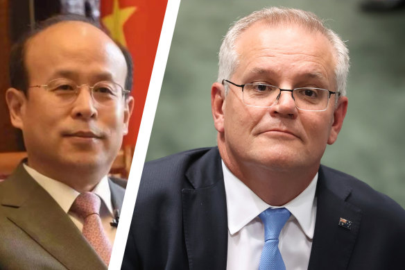 China’s ambassador to Australia Xiao Qian and Prime Minister Scott Morrison. 