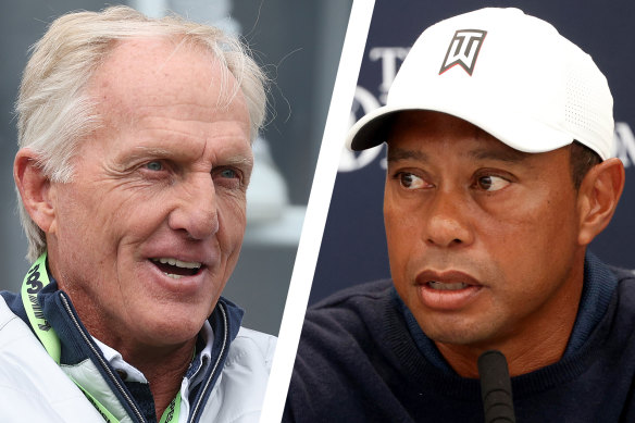 Tiger Woods, right, launched a blistering attack on golf’s Saudi tour rebels led by Greg Norman, left.