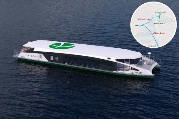The proposed stage 1 route for the Perth ferry network expansion. 