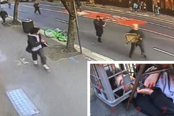 Brave bystanders used chairs and a milk crate to restrain a knife-wielding man in Sydney's CBD in August.