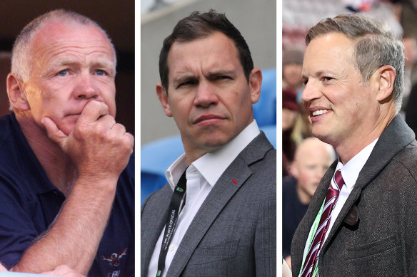 (From left) Late Sea Eagles legend Bob Fulton, CEO Tony Mestrov and chair Scott Penn.