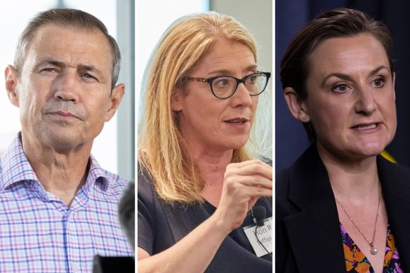 WA premier contenders: Deputy Premier Roger Cook, Transport Minister Rita Saffioti, Health Minister Amber-Jade Sanderson. Pictures: Getty/Supplied