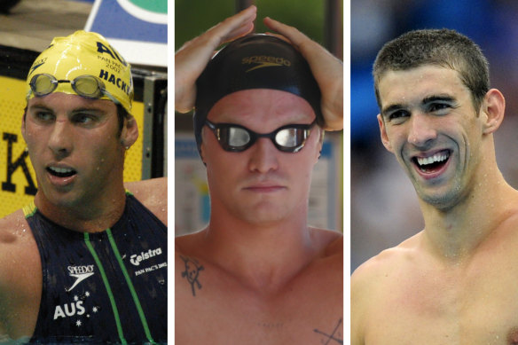 Cody Simpson (centre) sought counsel from some greats of the pool including Grant Hackett and Michael Phelps before embarking on his unlikely Olympics push.
