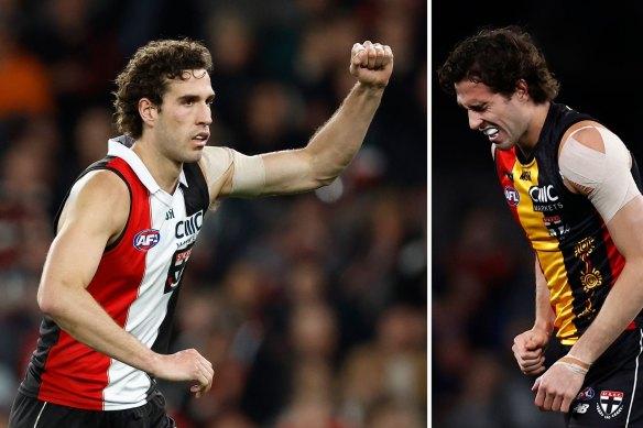 St Kilda’s Max King could be in line for selection this week, less than a month since he injured his shoulder (right).