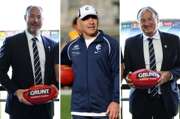 Carlton president Luke Sayers, former star Greg Williams and CEO Brian Cook are trying to lead the club out of doldrums. 