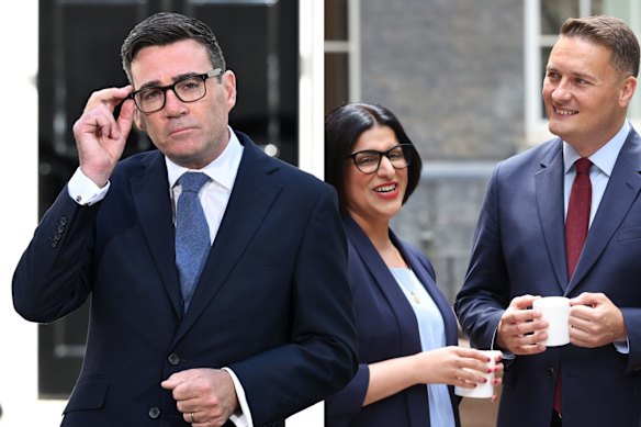 A sinistra: il primo ministro britannico Andy Burnham. A destra: il ministro degli Interni Shabana Mahmood e il ministro della Difesa Wes Streeting.