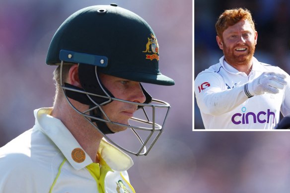Steve Smith and Jonny Bairstow (inset) shared terse words after Smith’s uncharacteristic dismissal on day two of the third Ashes Test.