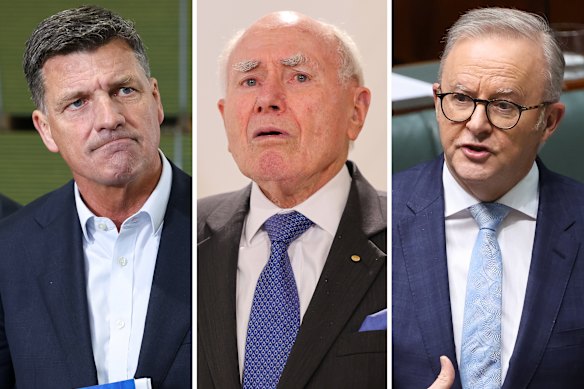 Opposition Leader Angus Taylor, former prime minister John Howard and Prime Minister Anthony Albanese.