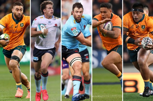 Wallabies SOS: (l-r) Lukhan Salakaia-Loto, Mark Nawaqanitawase, Jed Holloway, Len Ikitau, Allan Ala’alatoa.