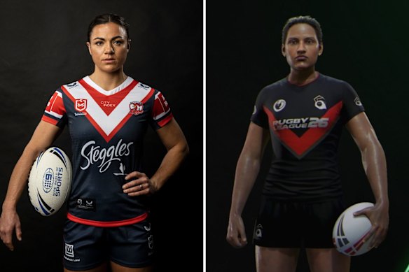Millie Elliott (Boyle) in real life (left) and as her Rugby League 26 video game character (right.