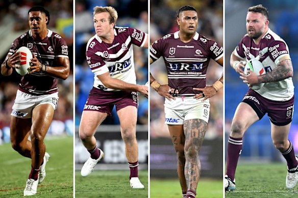 Manly’s missing men by the end of 2025: Taniela Paseka, Jake Trbojevic, Haumole Olakau’atu and Nathan Brown.
