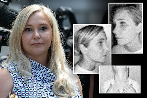 Virginia Giuffre outside a New York court in 2019 and, inset, injuries from an alleged domestic violence assault by her then-husband Robert in Colorado in 2015.