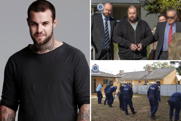 The X Factor star Mitchell Callaway, left, is accused of murdering a baby girl in 2018;  he was arrested last year, top right; police search a property in Binnaway.
