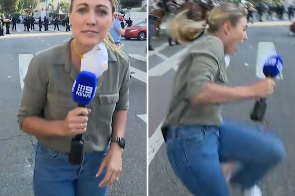 Nine News US correspondent Lauren Tomasi was shot by police with a rubber bullet while covering the protest.