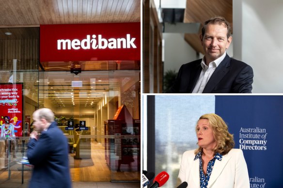 The opposition has called on Cybersecurity Minister Clare O’Neil (bottom right) to reveal what information the government had from Medibank under chief executive David Koczkar (top right).