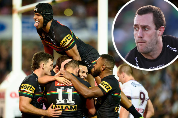 The Panthers celebrate a try during their crushing victory over the Sea Eagles on Saturday and (inset) Isaah Yeo. 