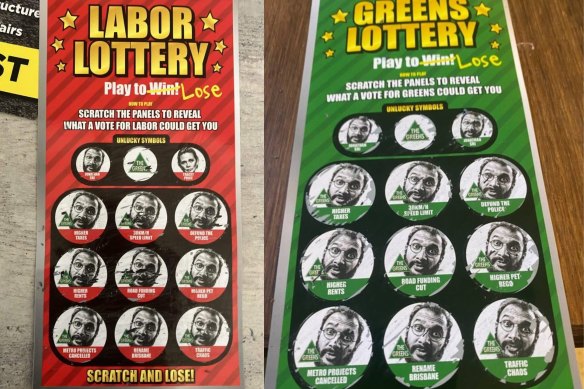 “Labor lottery” and “Greens lottery” scratchies distributed to Brisbane letterboxes ahead of the council election on Saturday.
