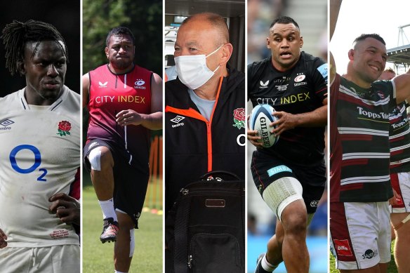 Maro Itoje, Mako Vunipola, England coach Eddie Jones, Billy Vunipola and Ellis Genge.