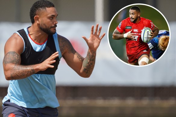 Rahboni Warren-Vosayaco training with the Waratahs, and (inset) playing for the  Sunwolves in 2019.