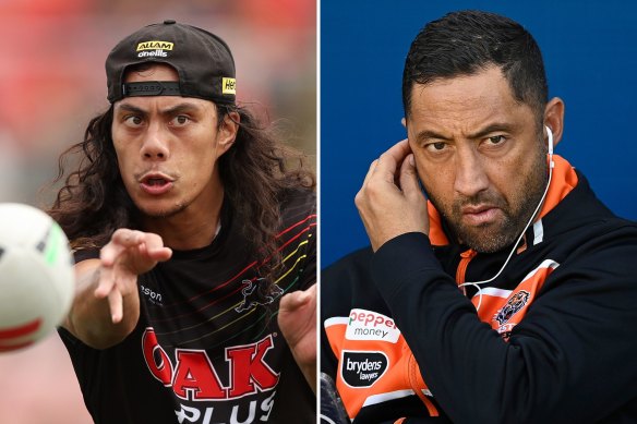 Penrith Panthers five-eighth Jarome Luai and Wests Tigers coach Benji Marshall.