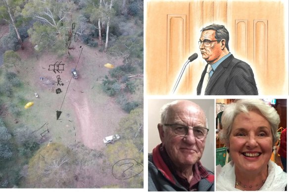 Clockwise from left: A sketch of the campsite Greg Lynn drew for police, Lynn giving evidence at his trial last week, Carol Clay and Russell Hill.