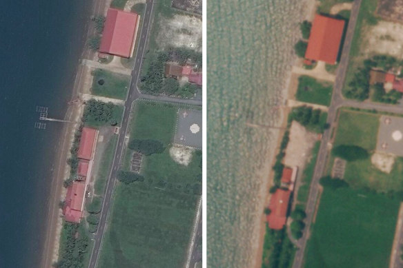 Satellite images show part of the base before and after a US-funded building was demolished. 